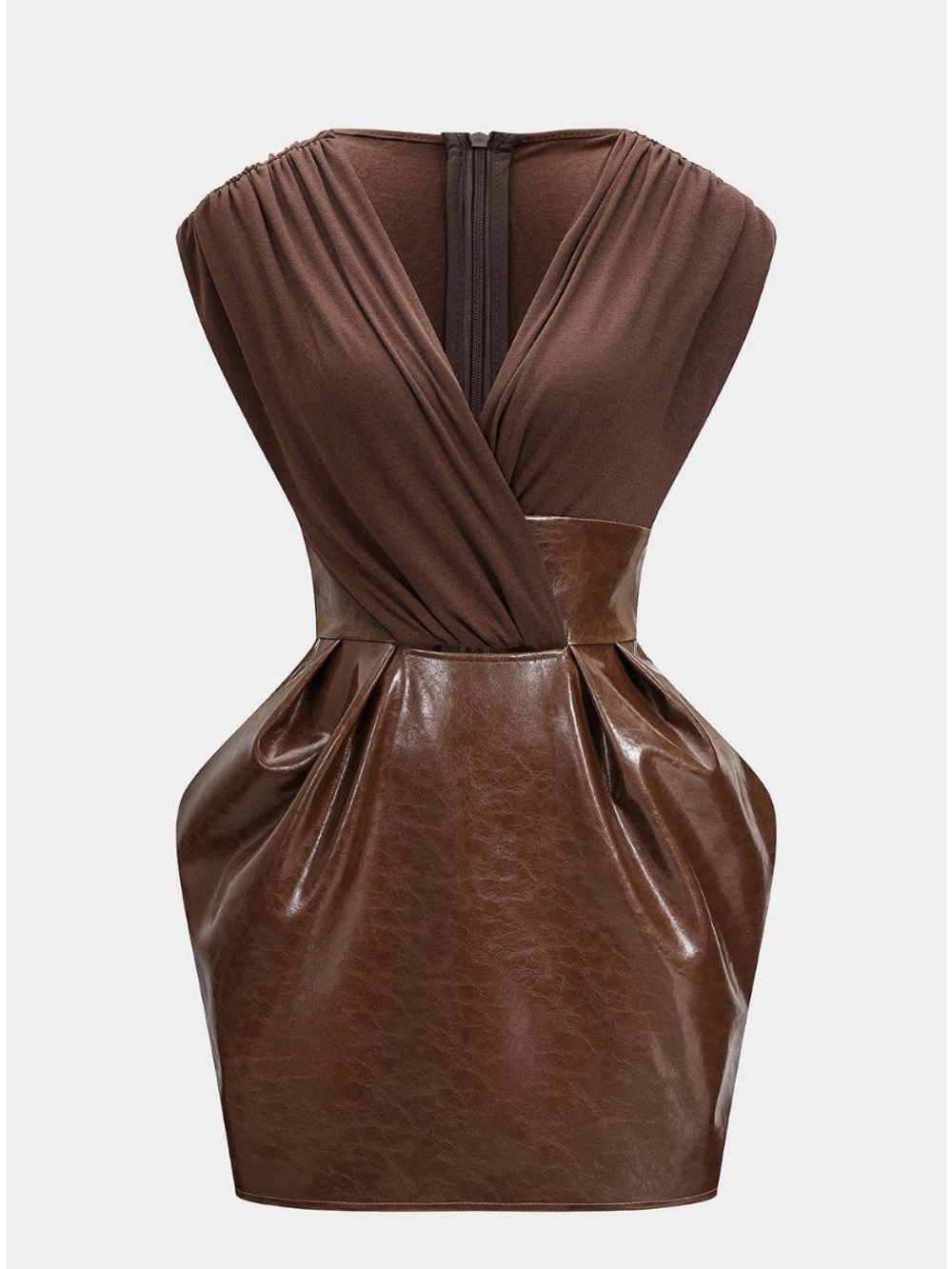 Brown Faux-Leather Ruched Mini Dress